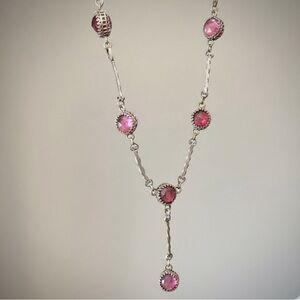 Vintage Antique Art Deco Heart Filigree Faceted Pink Gem Y Drop Lariat Necklace